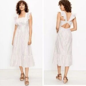 NEW Ann Taylor Victoria Ruffle Midi Dress Size 8 Cutout Back Shimmer Stripe